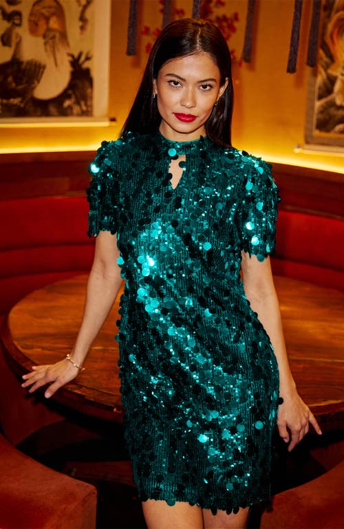 Yumi Sequin Short Sleeve Tunic Dress In Blue