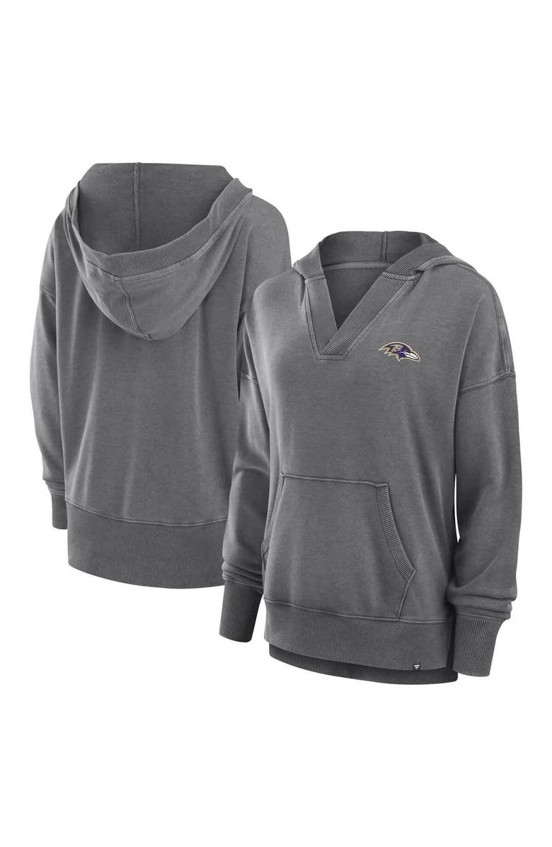 FANATICS Women's Fanatics Heather Charcoal Baltimore Ravens Initiative Snow Wash French Terry V-Neck Pullover Hoodie, Main, color, Heather Charcoal