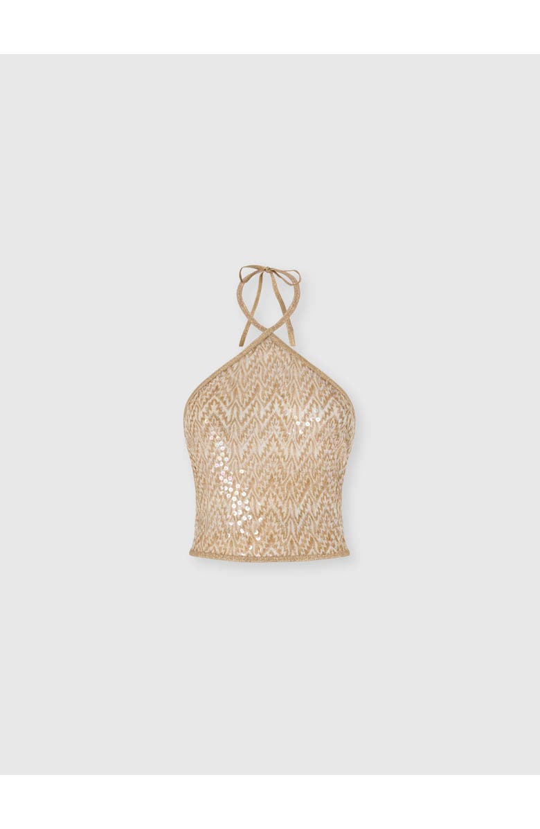 Missoni Top In Lamé Viscose With Lace Motif, Sequins, And Halter Neckline, Main, color, Gold& White