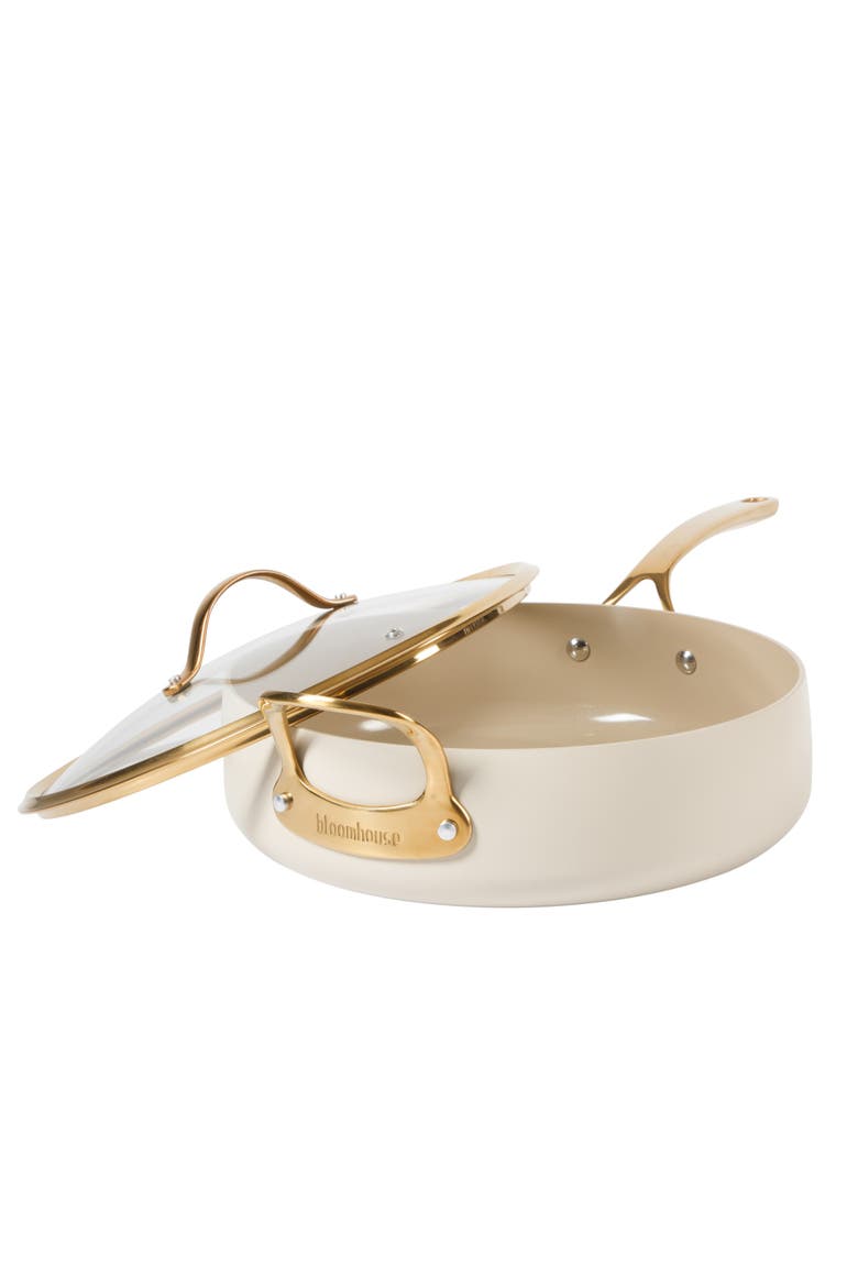 6 QT Heavy Duty Aluminum Premium PFA Free Ceramic Nonstick Sauté/Deep Frying Pan Skillet with Lid, Alternate, color, Linen White with Gold Handle