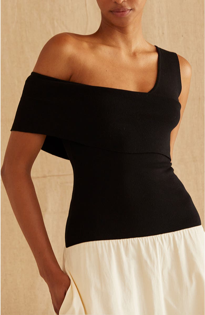 CRESCENT Contrast One Shoulder Midi Dress, Alternate, color, Black/Oatmeal