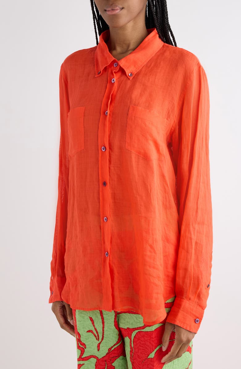 Dries Van Noten Cheers Ramie Mousseline Button-Down Shirt, Alternate, color, Red