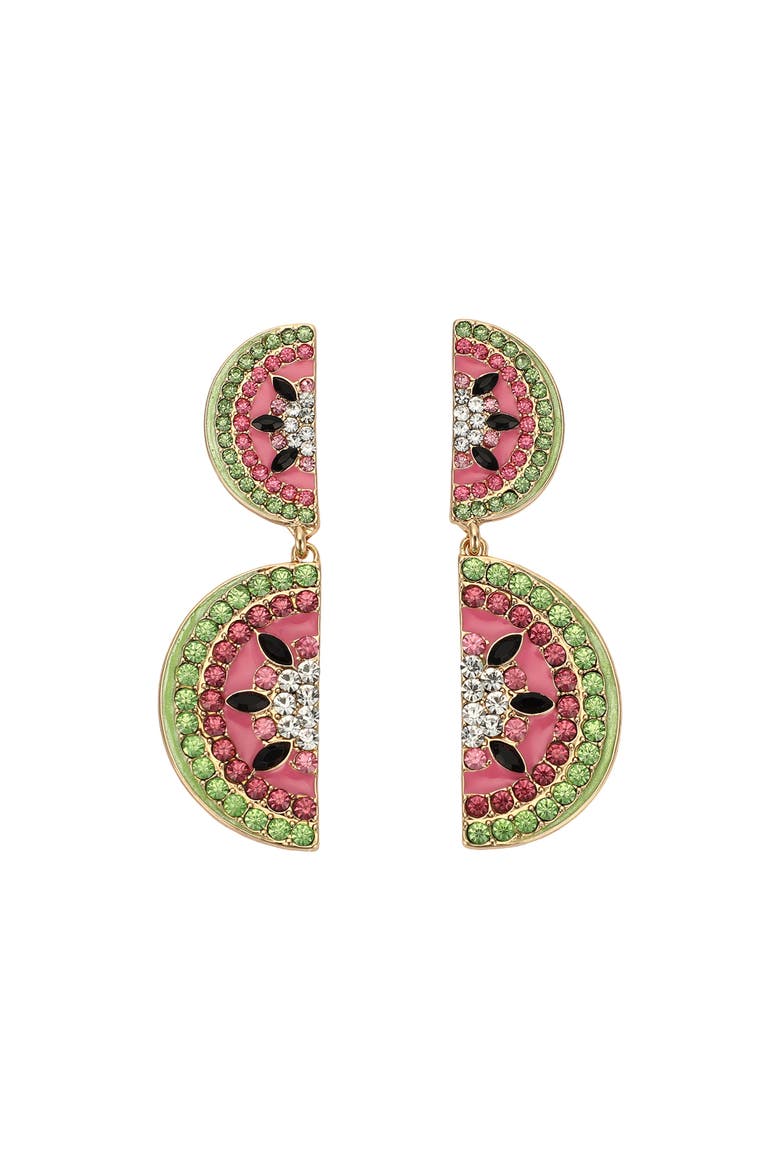 Watermelon Rhinestone Drop Earrings - Hypoallergenic Gold-Tone Frame with Stone Detail, Summer Statement Earrings, 1.76 Inch, Main, color, Pink
