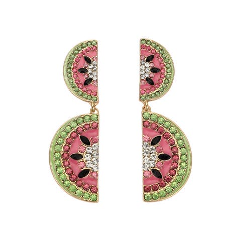 Watermelon Rhinestone Drop Earrings - Hypoallergenic Gold-Tone Frame with Stone Detail, Summer Statement Earrings, 1.76 Inch