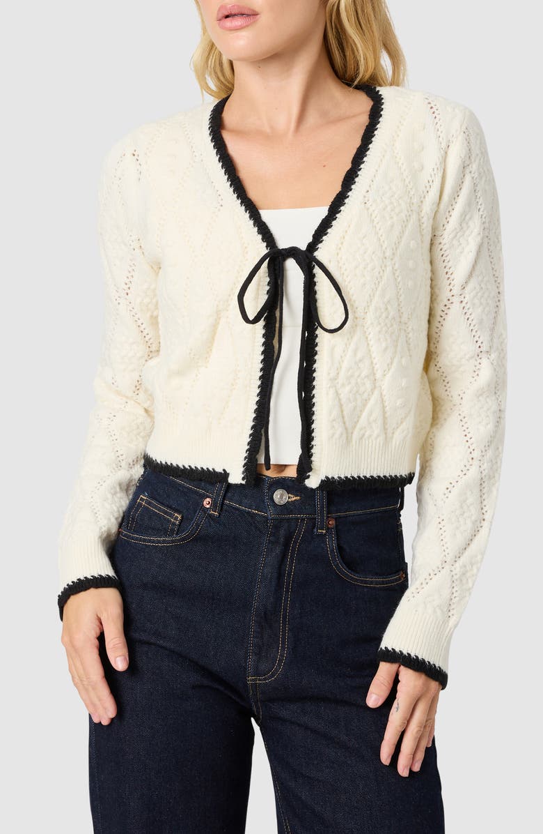 Lush Contrast Trim Tie Front Cardigan, Main, color, Ivory Black