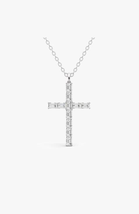 14K Gold 4 ct Necklace Emerald Cross Diamond Pendant