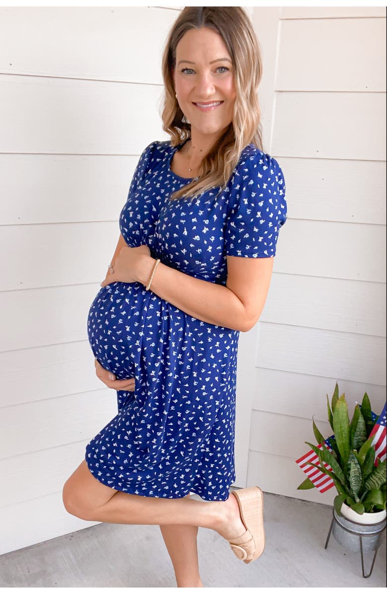 PinkBlush Floral Smocked Short Sleeve Dress, Alternate, color, Navy Blue