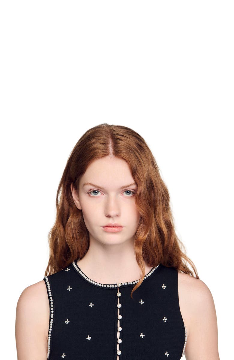 SANDRO Jewelled embroidered knit crop top, Alternate, color, Black