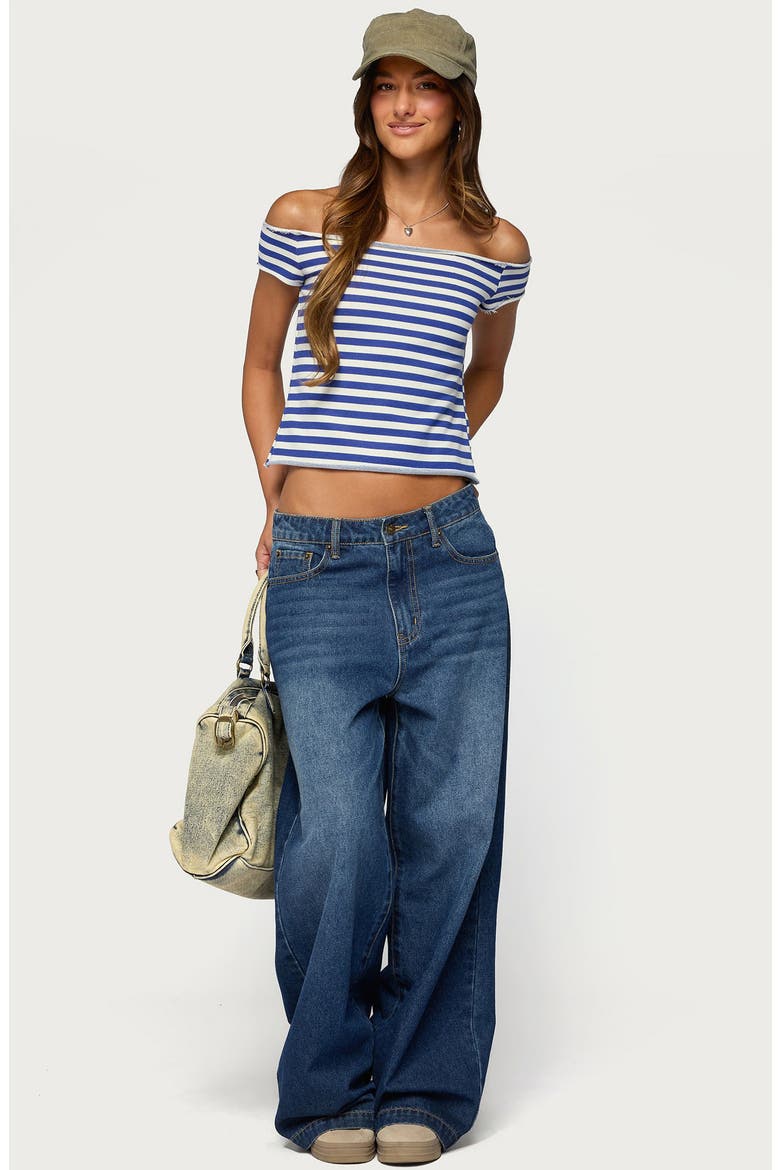 Striped French Terry Off the Shoulder Top, Alternate, color, BLUE-AND-WHITE