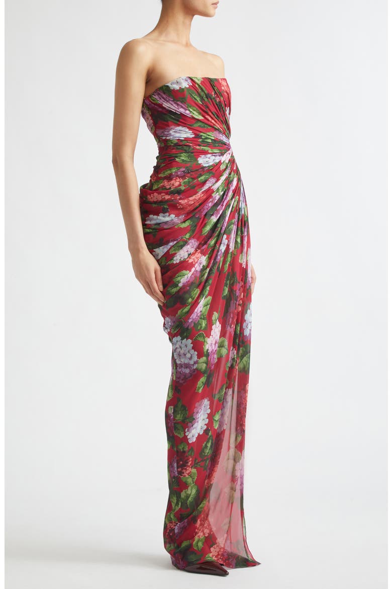 Hydrangea Print Strapless Ruched Silk Chiffon Gown, Alternate, color, CRANBERRY MULTI