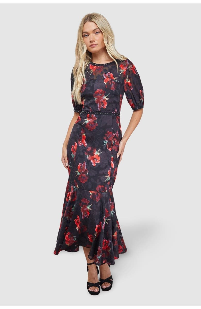 Oasis Floral Stud Trim Puff Sleeve Midi Dress, Main, color, Floral