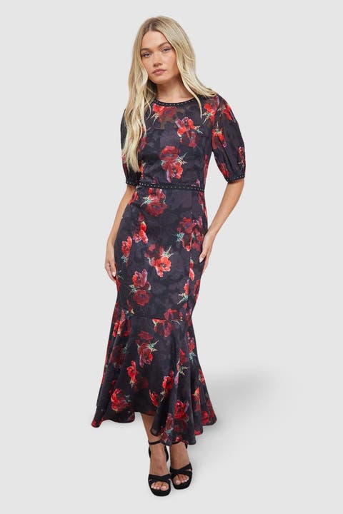 Floral Stud Trim Puff Sleeve Midi Dress