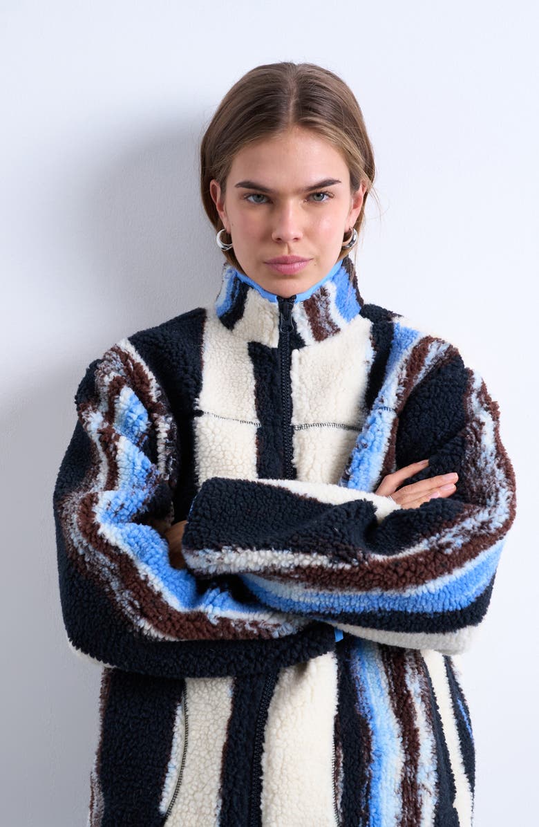 Topshop Stripe Faux Shearling Jacket, Alternate, color, White