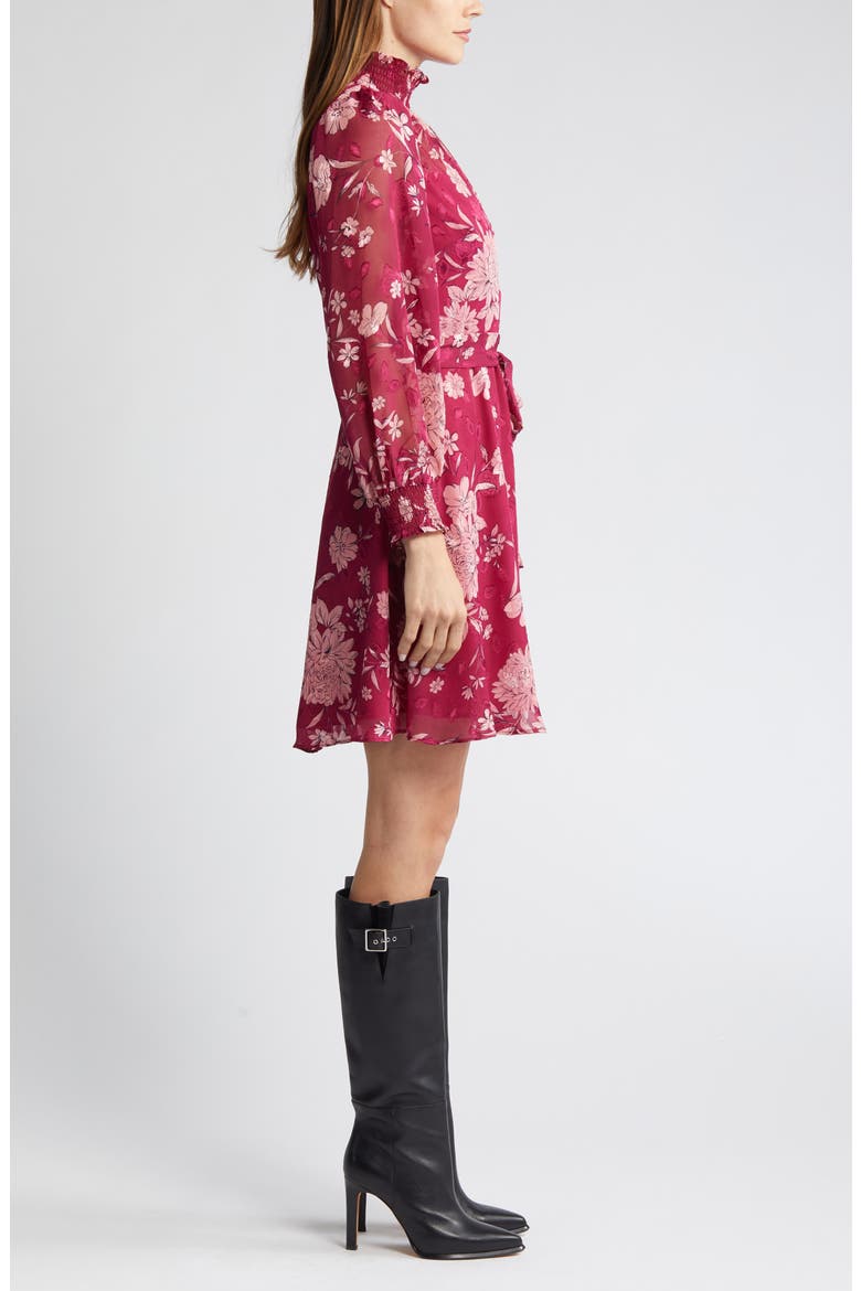Floral Long Sleeve Mock Neck Dress, Alternate, color, BERRY