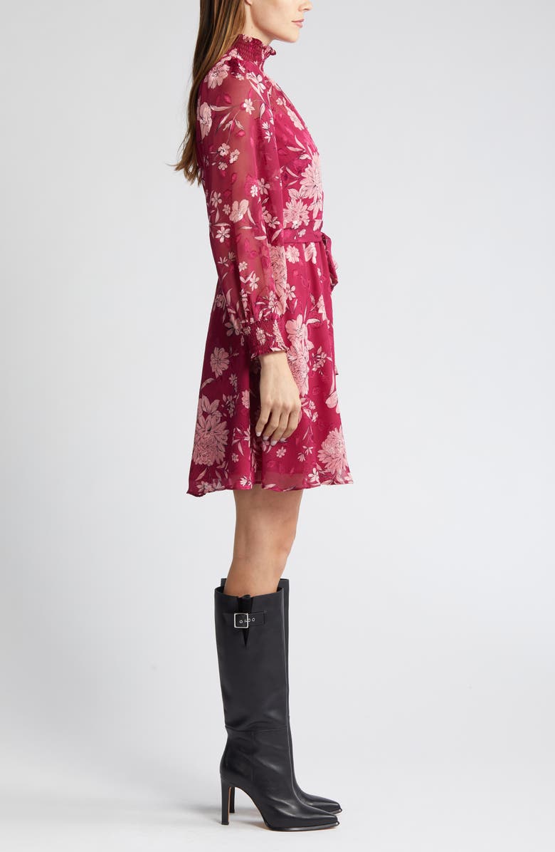 Eliza J Floral Long Sleeve Mock Neck Dress, Alternate, color, Berry