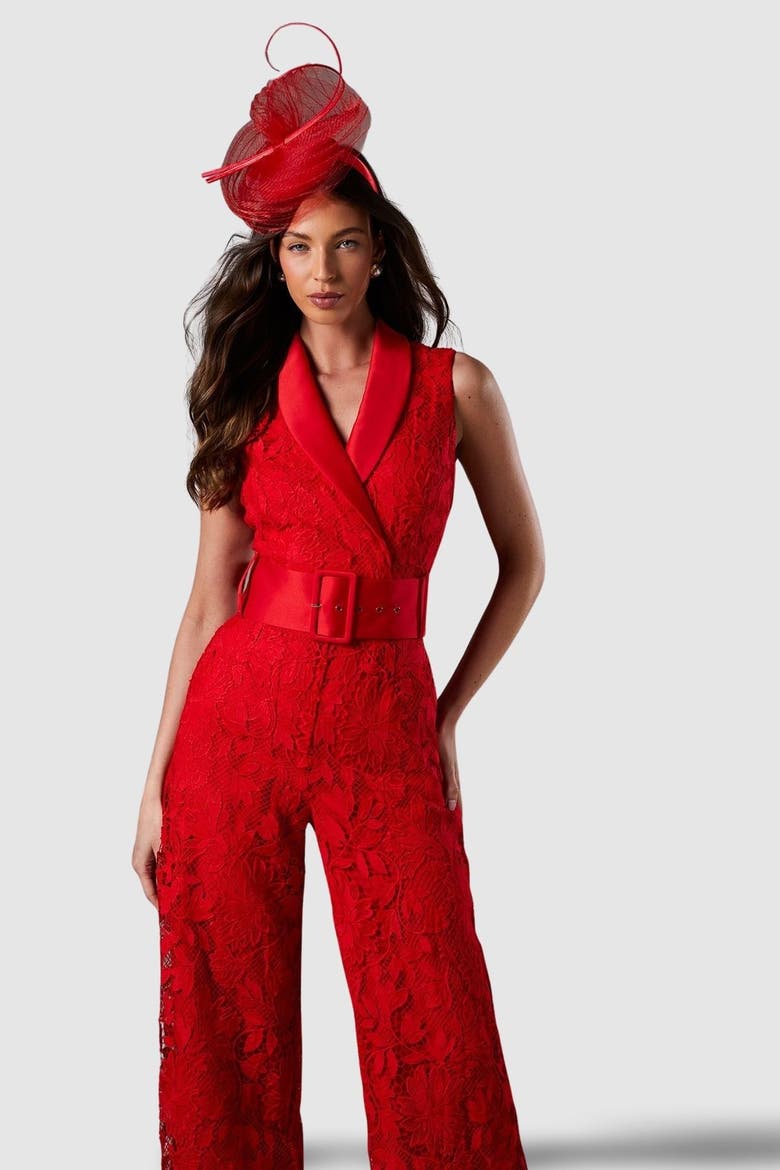 Lisa Lace Belted Jumpsuit, Alternate, color, Red