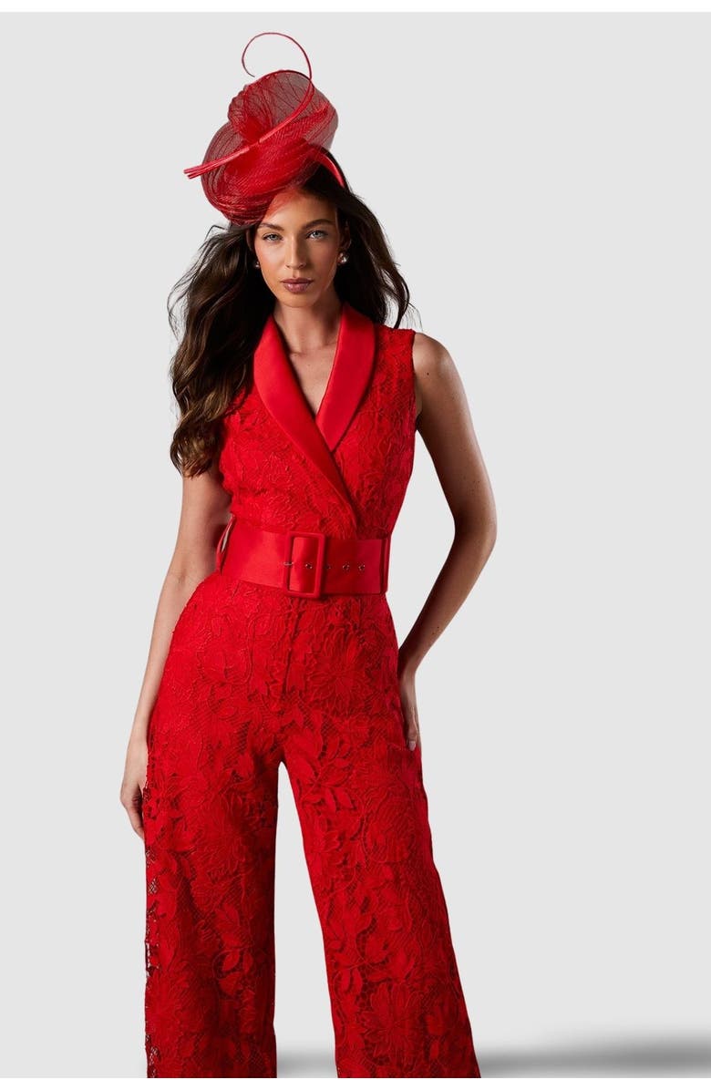 Coast Lisa Lace Belted Jumpsuit, Alternate, color, Red