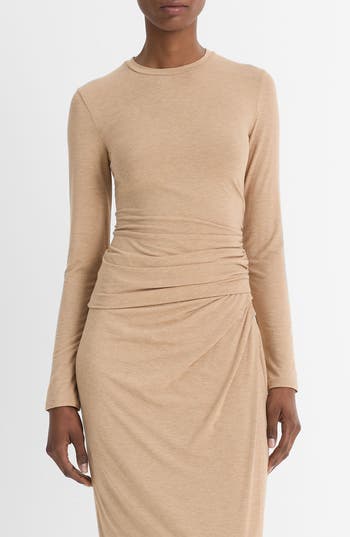 Vince Side Drape Long-sleeve Crewneck Top In Cashew