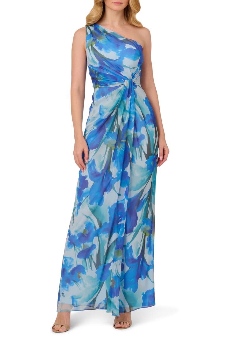Draped One-Shoulder Chiffon Cocktail Dress, Main, color, BLUE MULTI