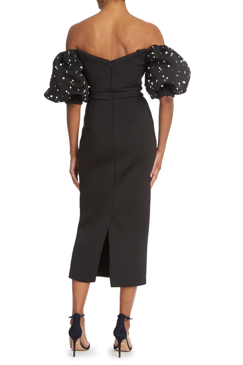 Imitation Pearl Off the Shoulder Sheath Midi Dress, Alternate, color, BLACK WHITE