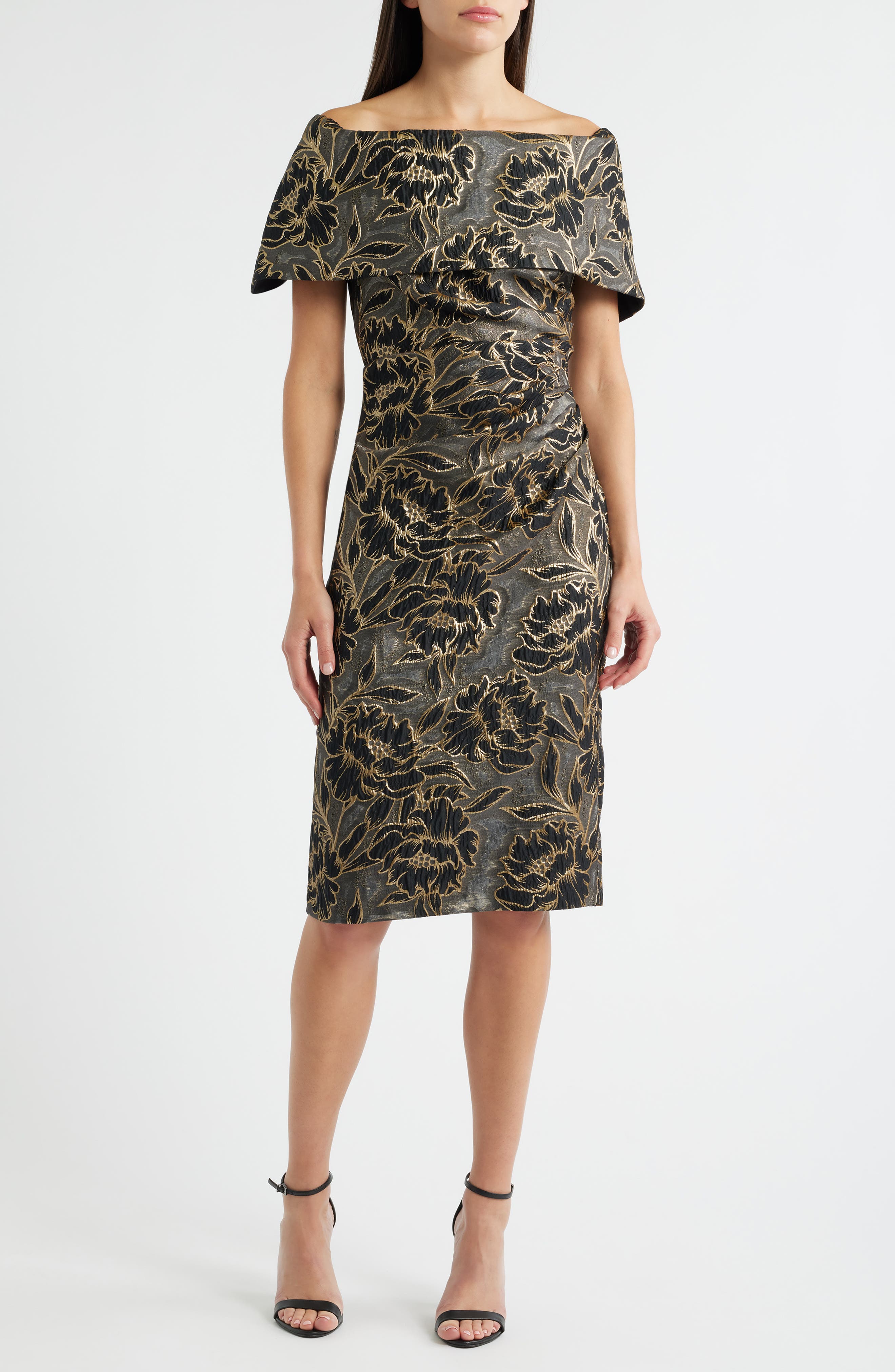 Vince Camuto Metallic Floral Jacquard Off the Shoulder Organza Cocktail Dress