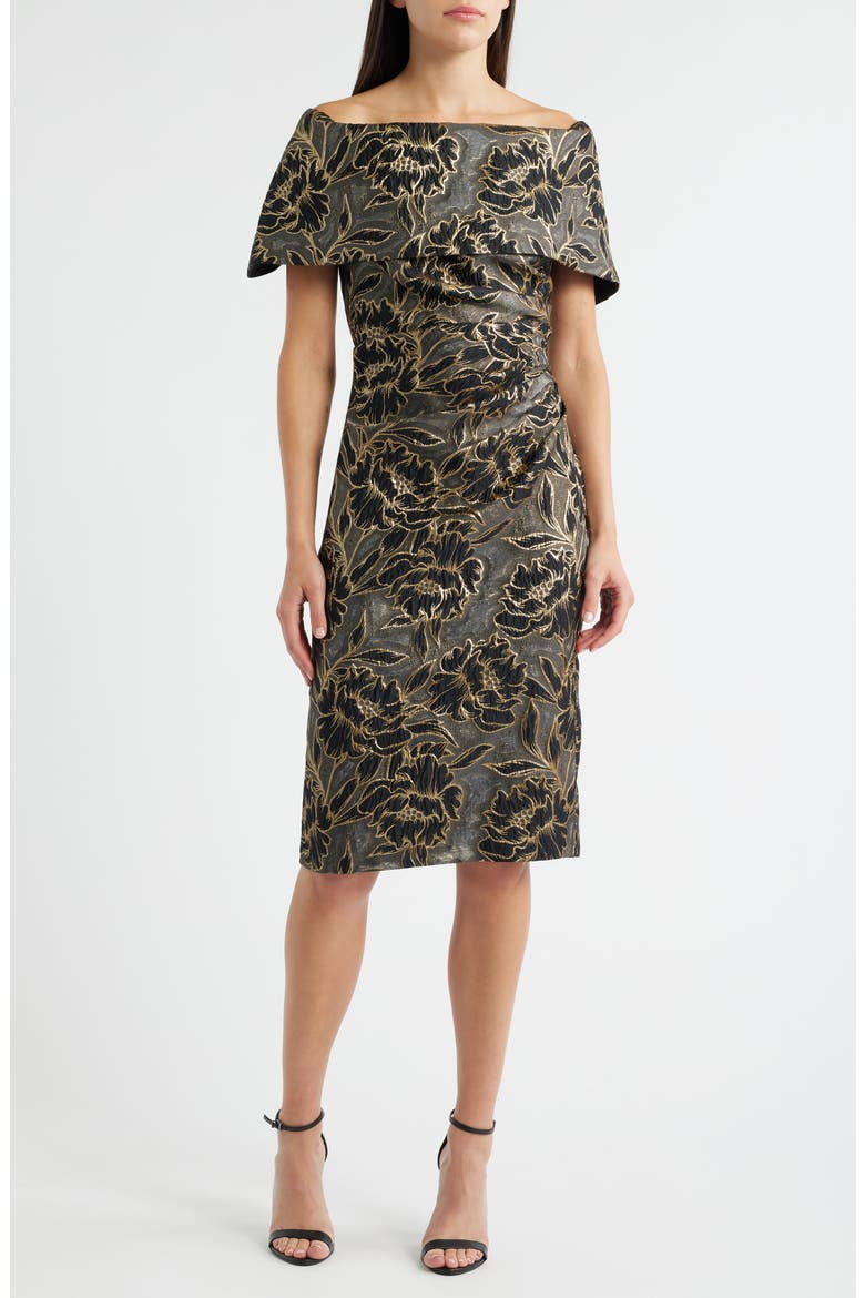 Metallic Floral Jacquard Off the Shoulder Organza Cocktail Dress, Main, color, BLACK