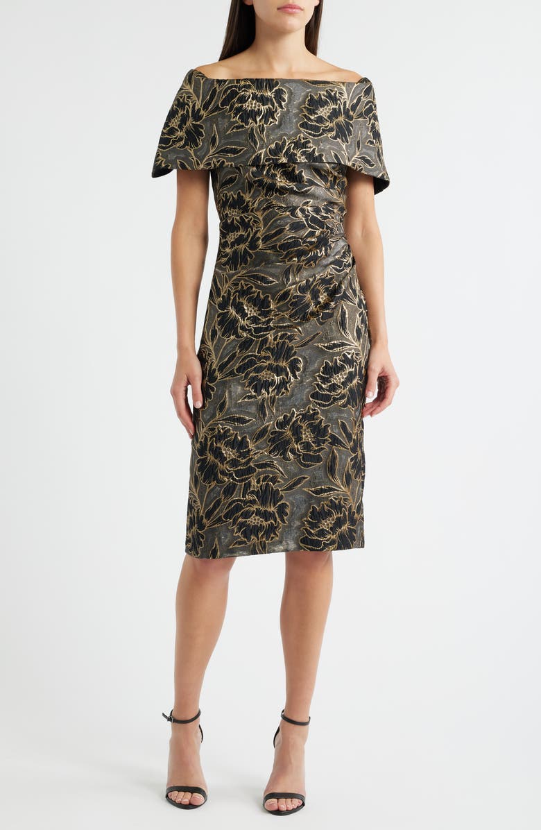 Vince Camuto Metallic Floral Jacquard Off the Shoulder Organza Cocktail Dress, Main, color, Black