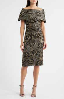 Vince Camuto Metallic Floral Jacquard Off the Shoulder Organza Cocktail Dress