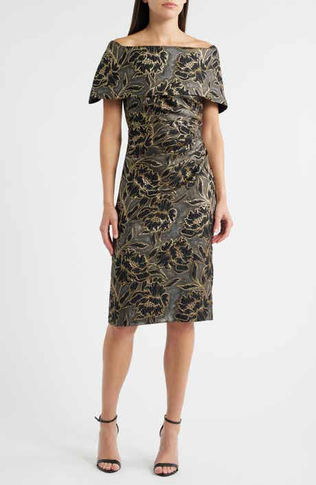 Vince Camuto Metallic Floral Jacquard Off the Shoulder Organza Cocktail Dress