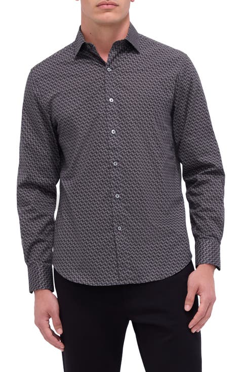 Axel Shaped Fit Basketweave Print Stretch Button-Up Shirt