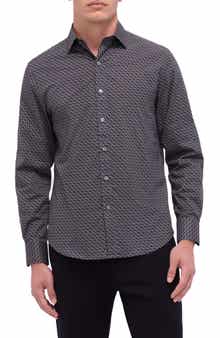 Bugatchi Axel Shaped Fit Basketweave Print Stretch Button-Up Shirt