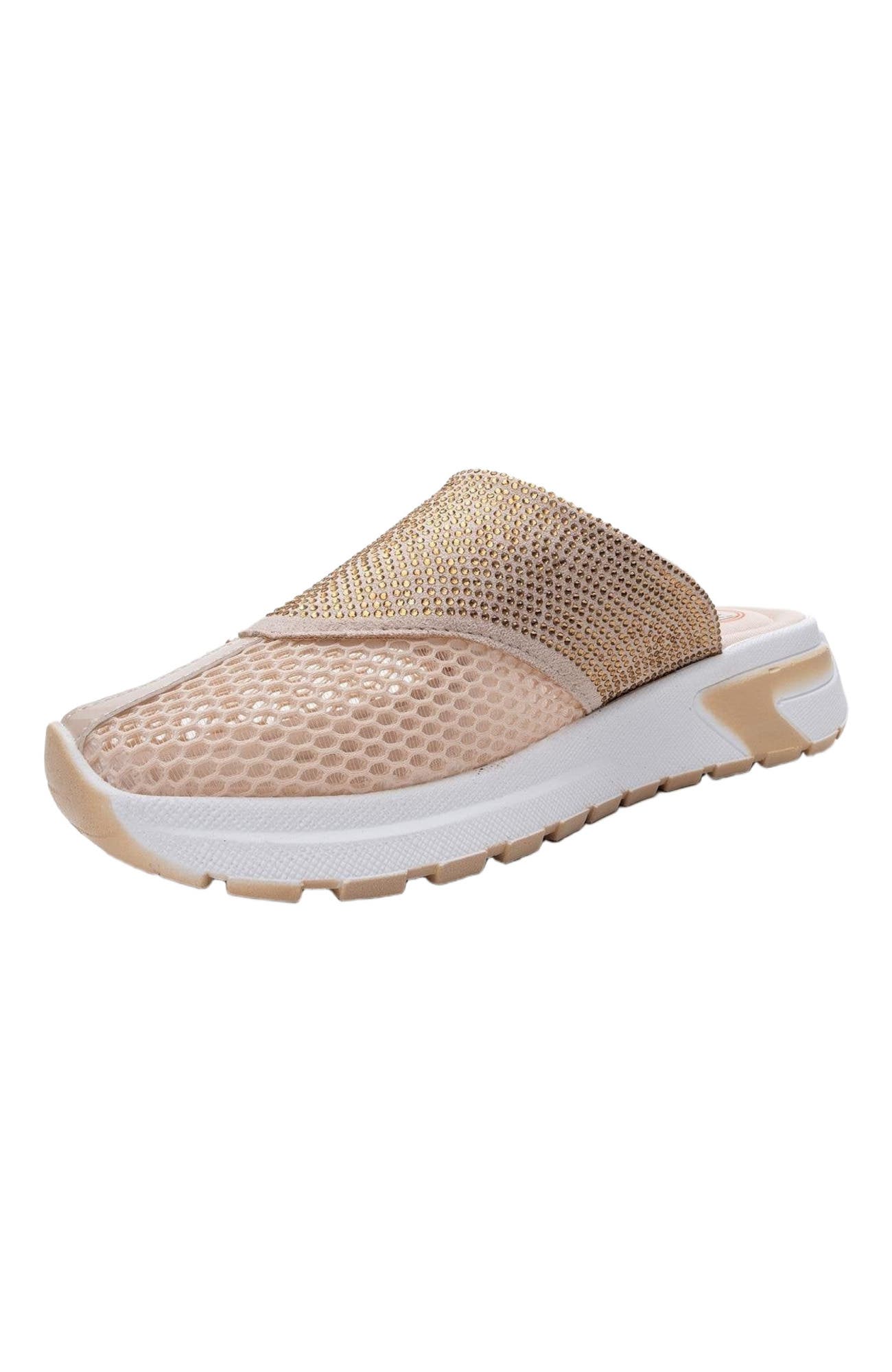 Prologue Shoes GLEA Mesh Rhinestone Mules, Alternate, color, Beige Faux Leather