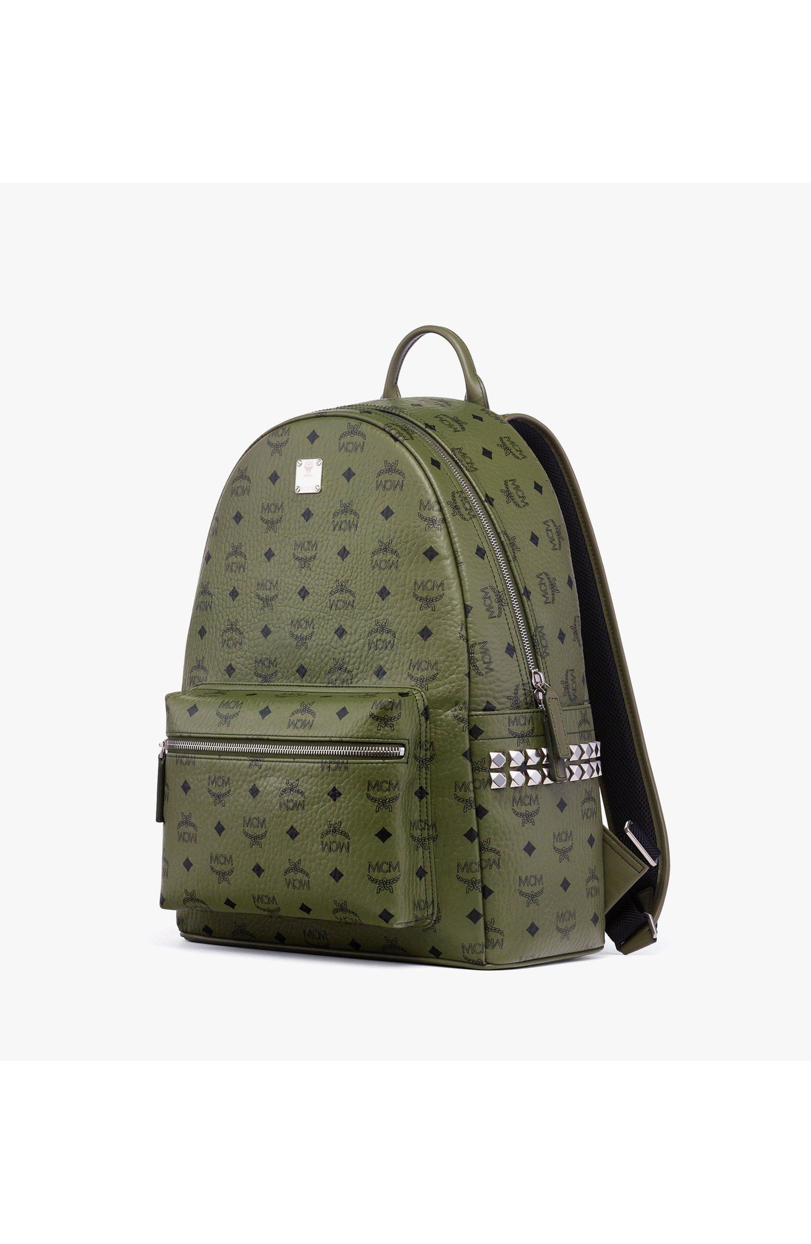 MCM Stark Side Studs Backpack in Visetos, Alternate, color, Khaki Moss