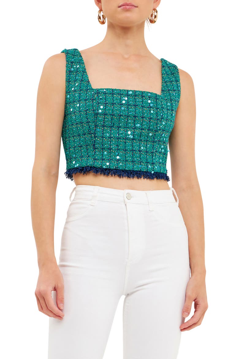 Premium Fringe Tweed Crop Tank, Main, color, GREEN/ NAVY