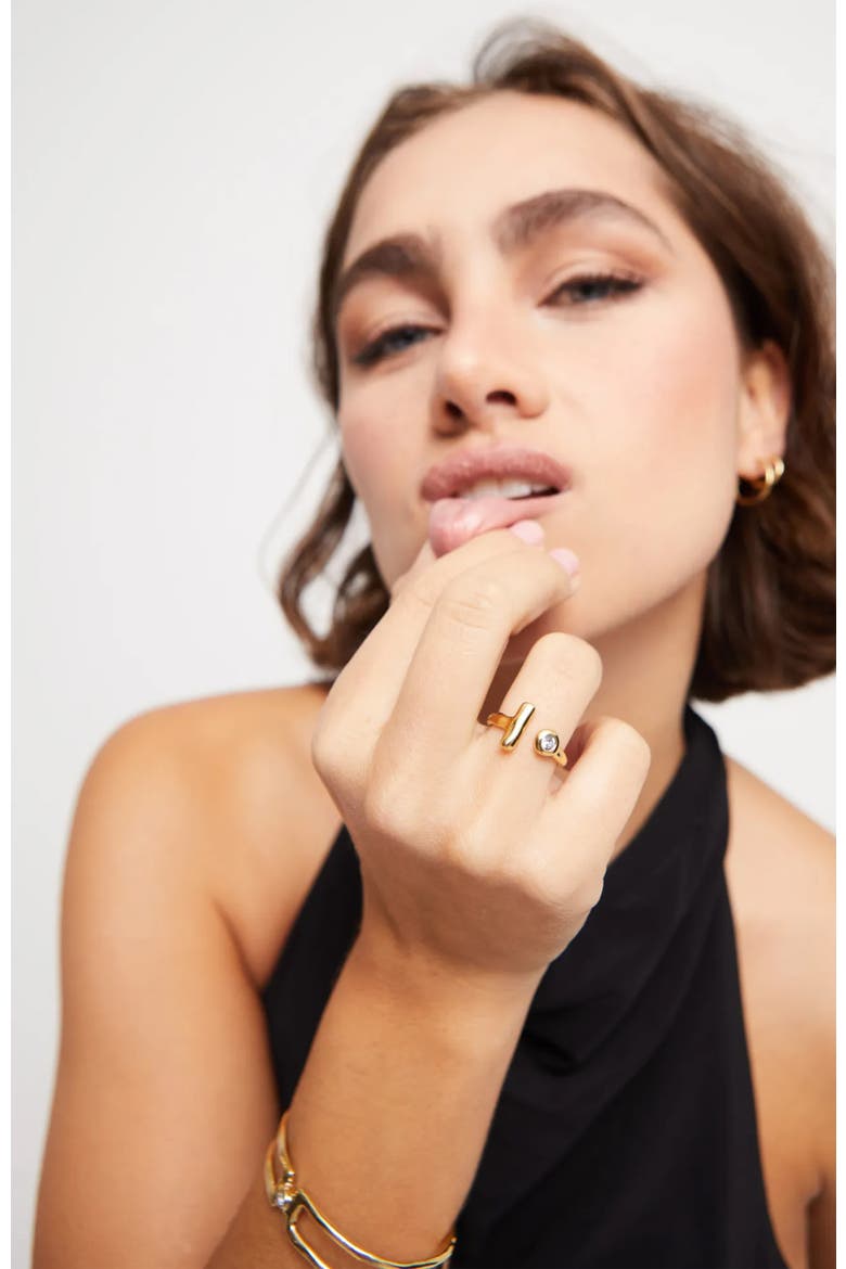 Open 18K Gold-Plated Ring with White Topaz, Alternate, color, Gold