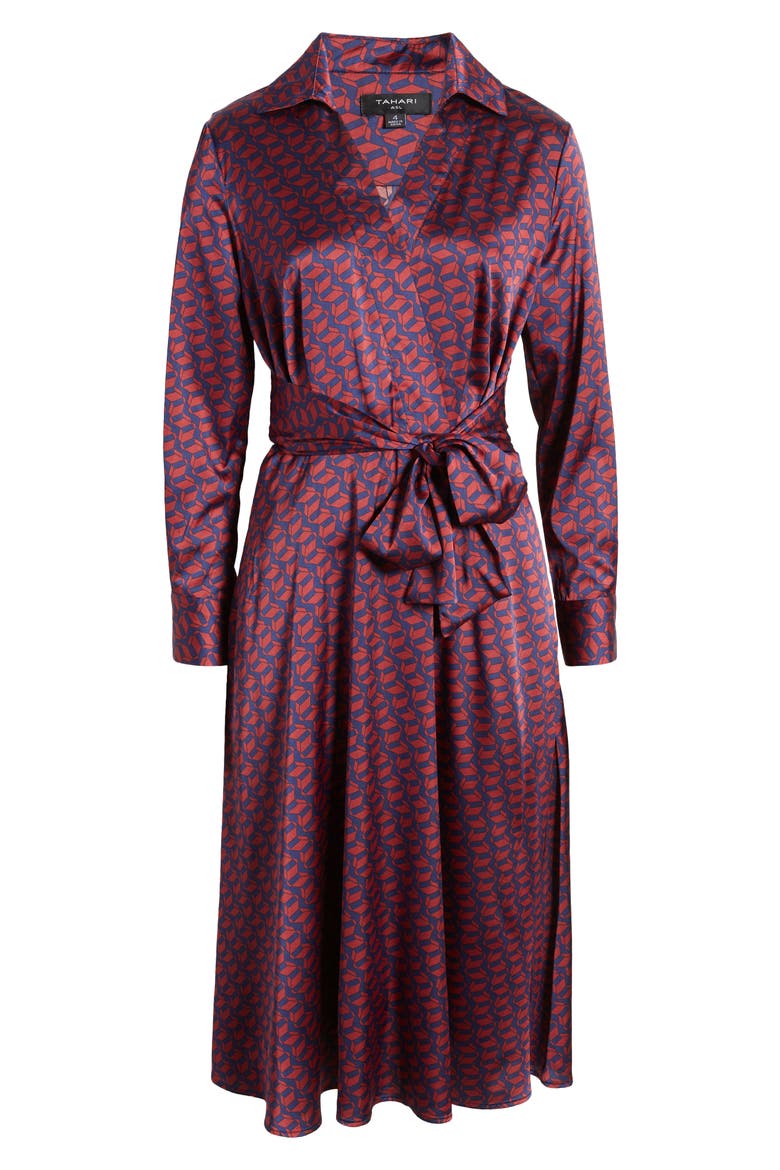 Geo Print Long Sleeve Hammered Satin Midi Shirtdress, Alternate, color, NAVY/ BLACK CHERRY