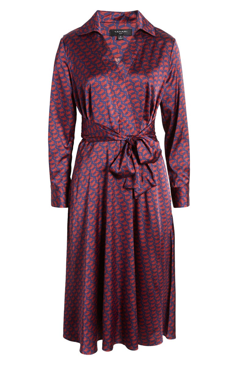Tahari ASL Geo Print Long Sleeve Hammered Satin Midi Shirtdress, Alternate, color,