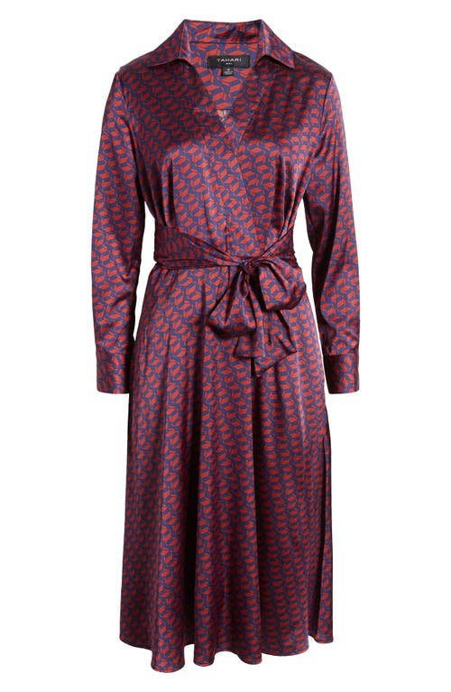 Tahari Asl Geo Print Long Sleeve Hammered Satin Midi Shirtdress In Navy/black Cherry