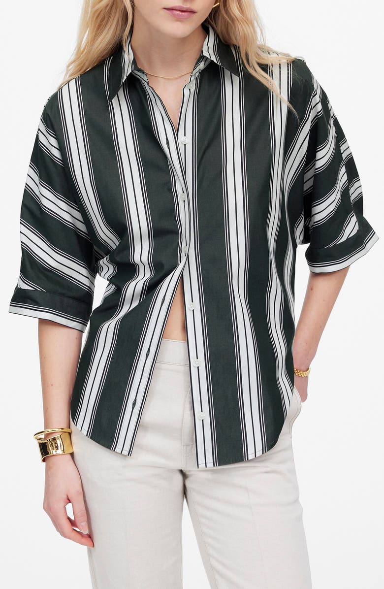 Madewell Stripe Oversize Short Sleeve Button-Up Shirt, Main, color, Summit Green