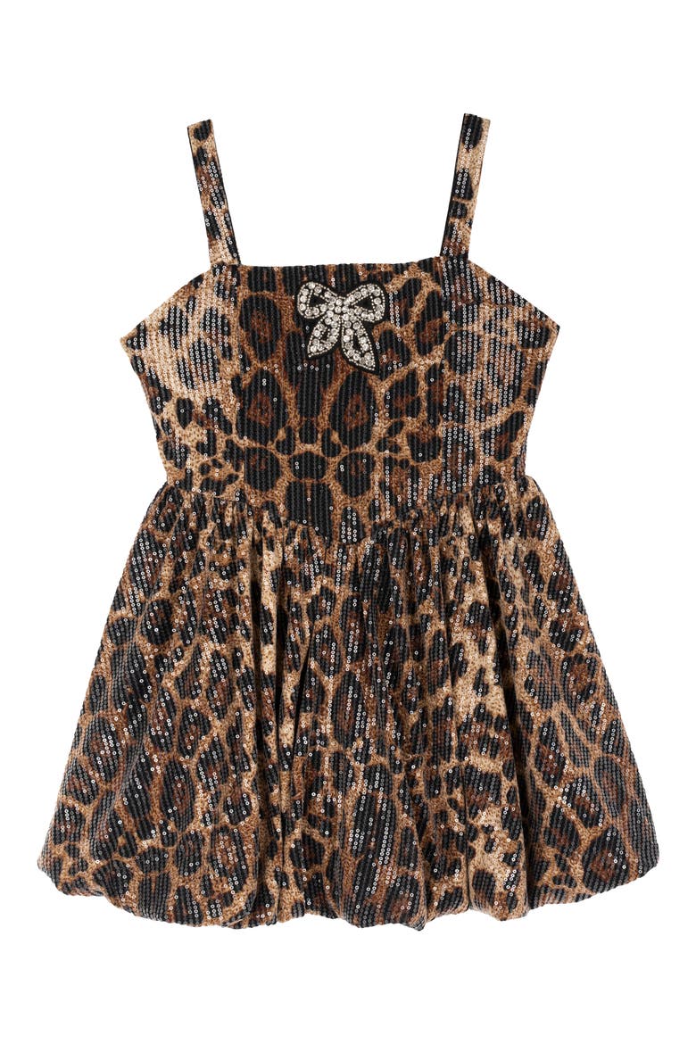 Kids' Animal Print Sequin Bubble Hem Dress, Main, color, BROWN