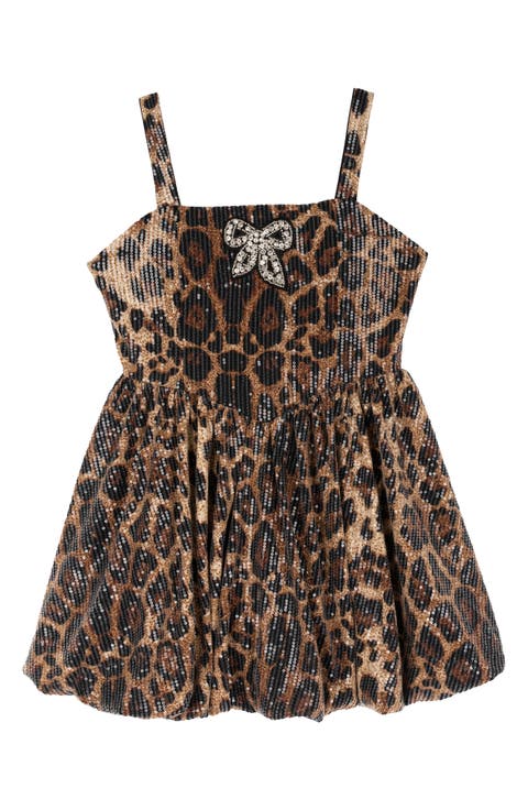 Kids' Animal Print Sequin Bubble Hem Dress