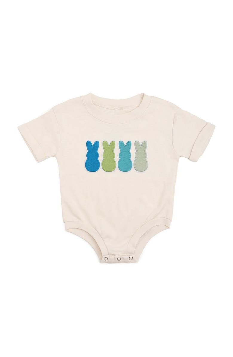 Sweet Wink Peeps Embroidered Patch Easter Short Sleeve Romper, Main, color, Natural