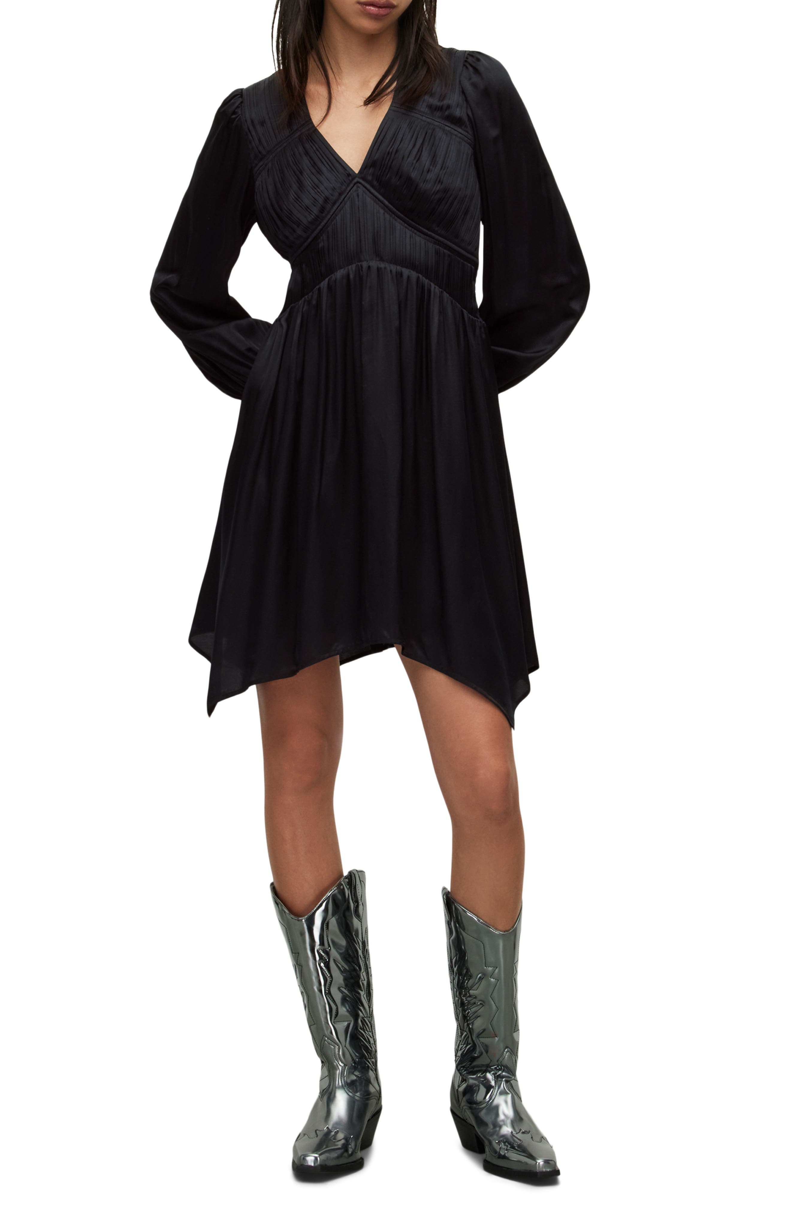 AllSaints Esta Long Sleeve Asymmetric Hem Dress