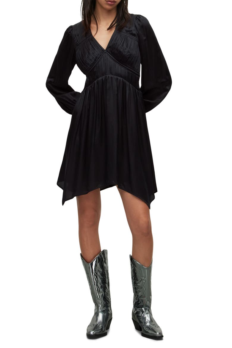 Esta Long Sleeve Asymmetric Hem Dress, Main, color, BLACK