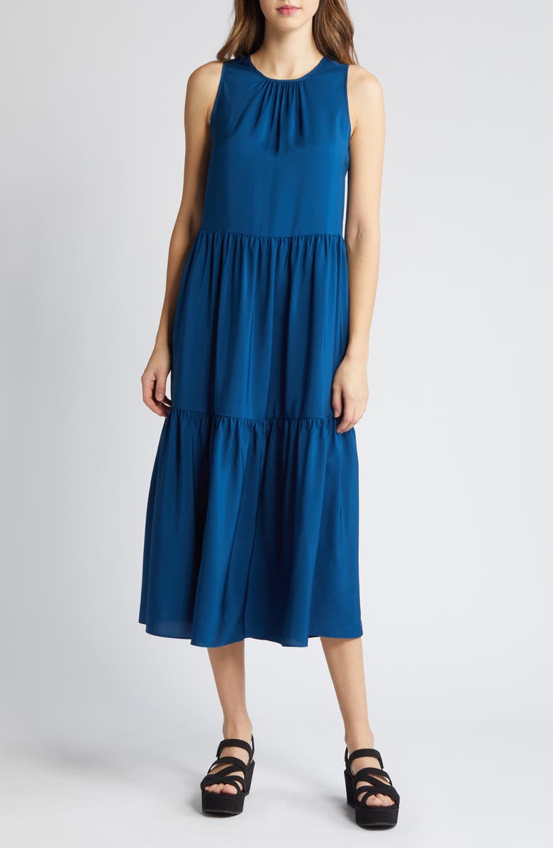 Eileen Fisher Tiered Silk Midi Dress, Main, color, Atlan