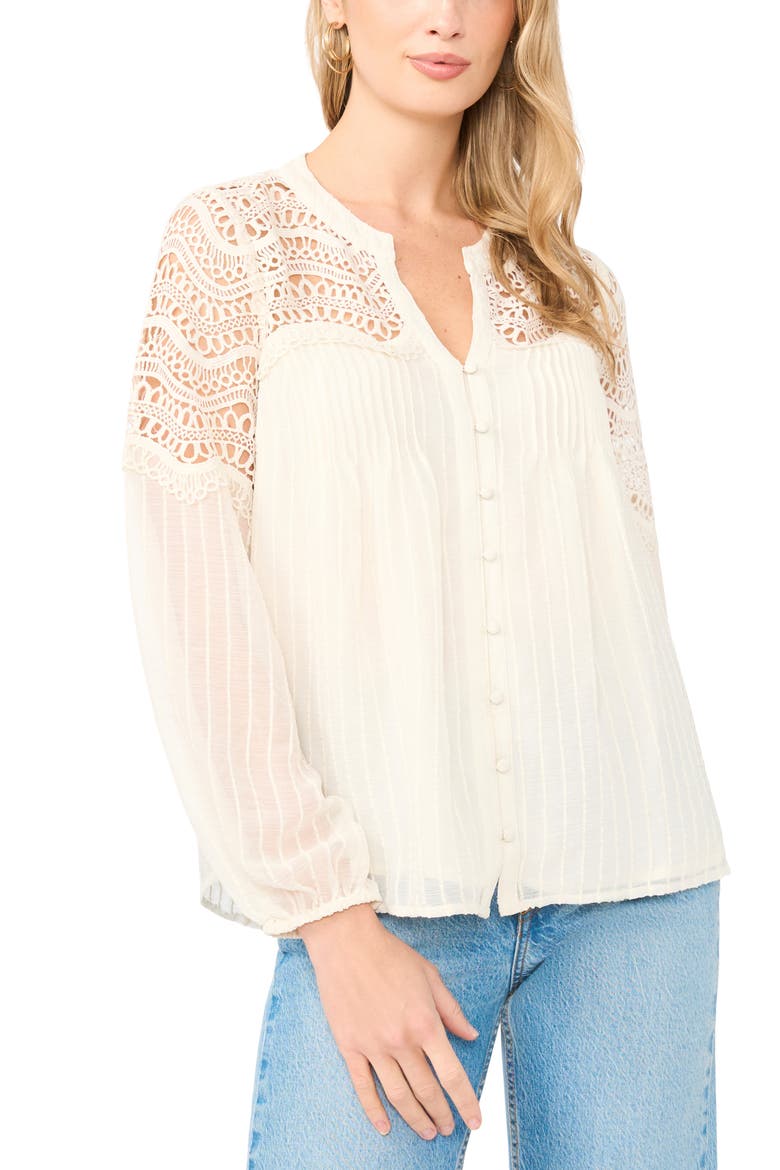 Lace Trim Stripe Pintuck Top, Main, color, NEW IVORY