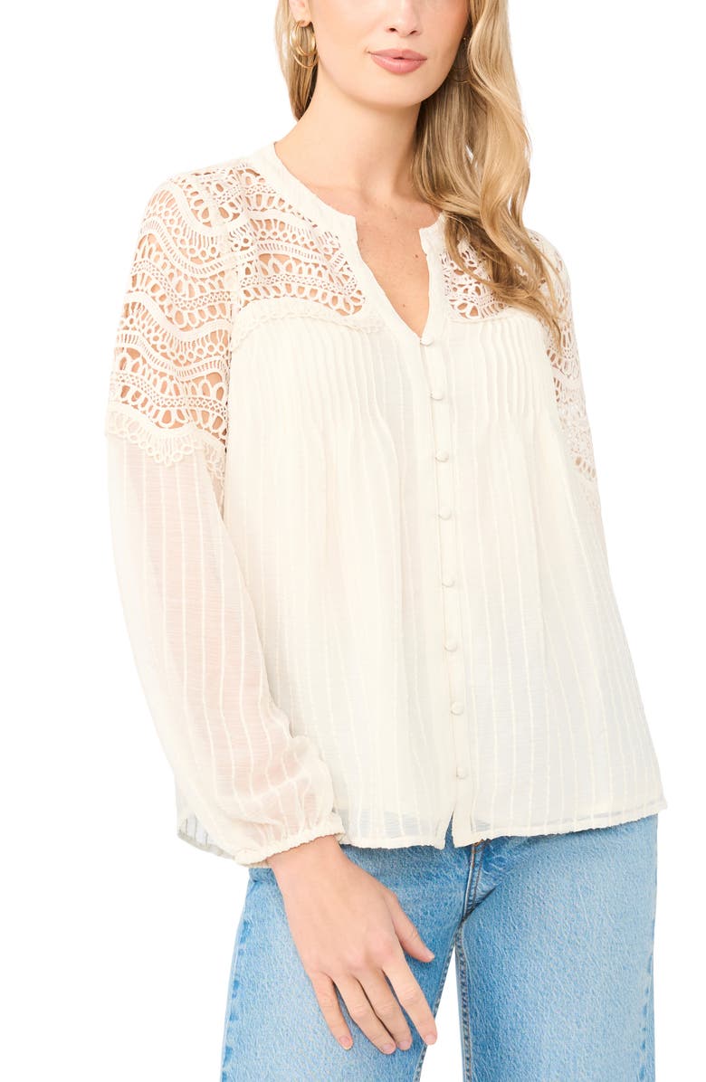 Vince Camuto Lace Trim Stripe Pintuck Top, Main, color, New Ivory