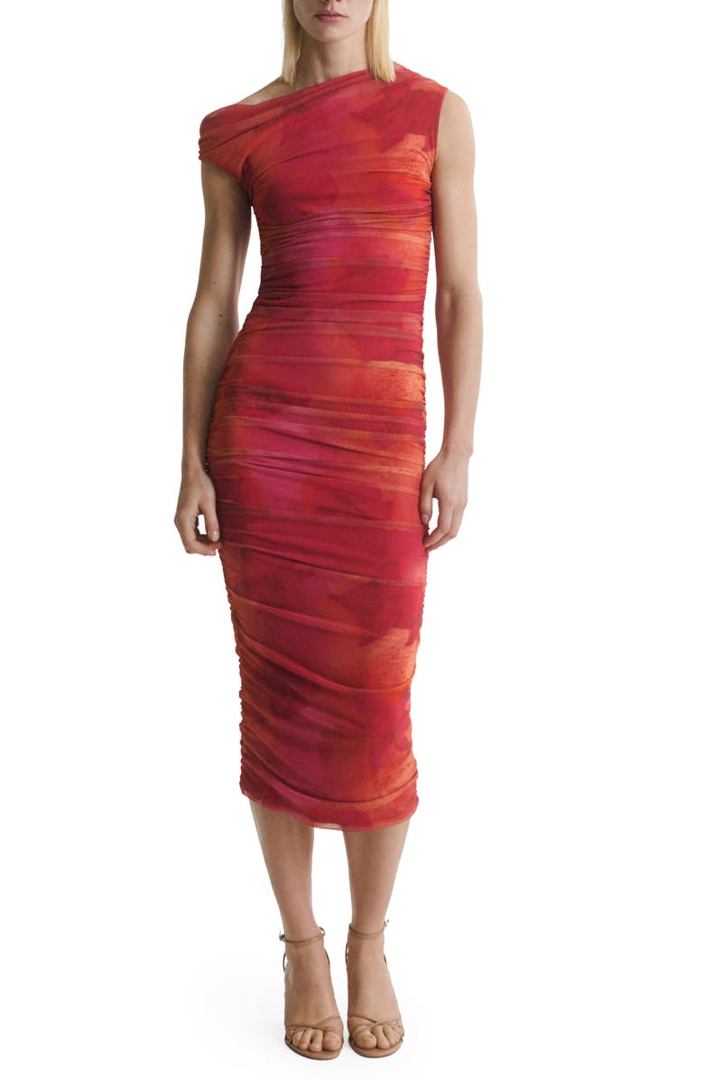 MANGO Floral Print Ruched One-Shoulder Midi Dress, Main, color, Fuchsia