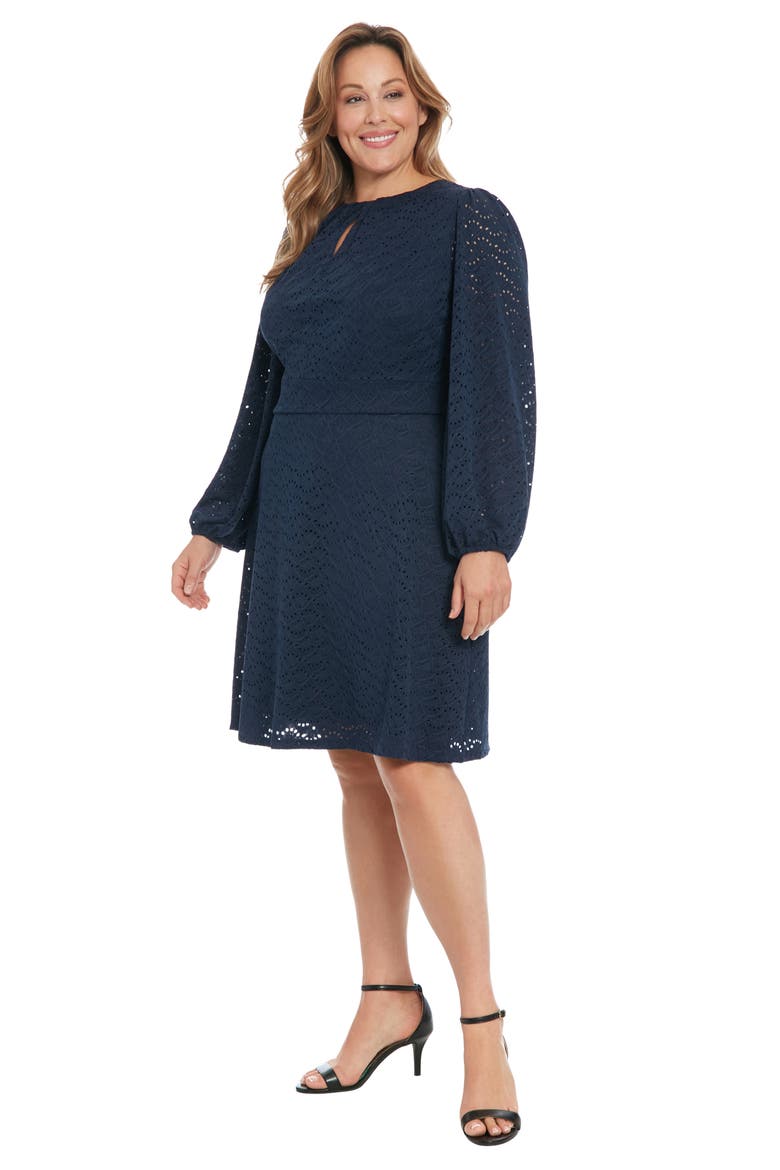 Eyelet Keyhole Long Sleeve A-Line Dress, Alternate, color, NAVY