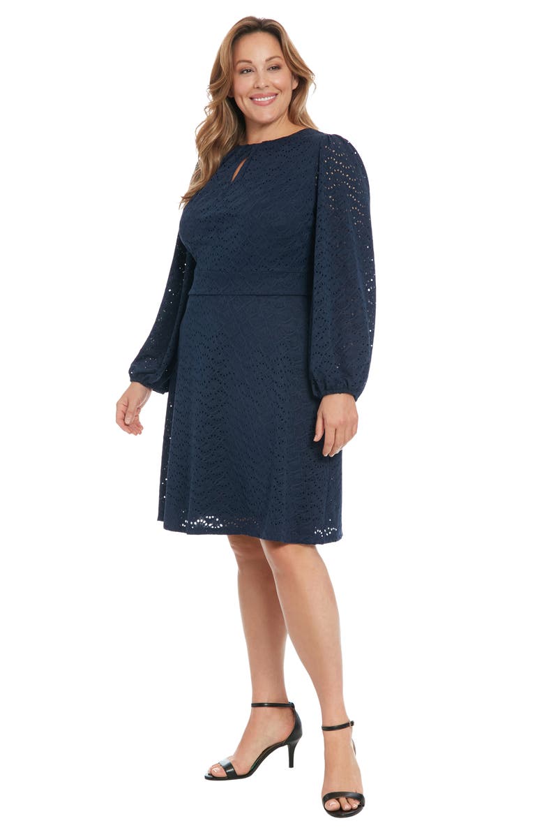 London Times Eyelet Keyhole Long Sleeve A-Line Dress, Alternate, color, Navy